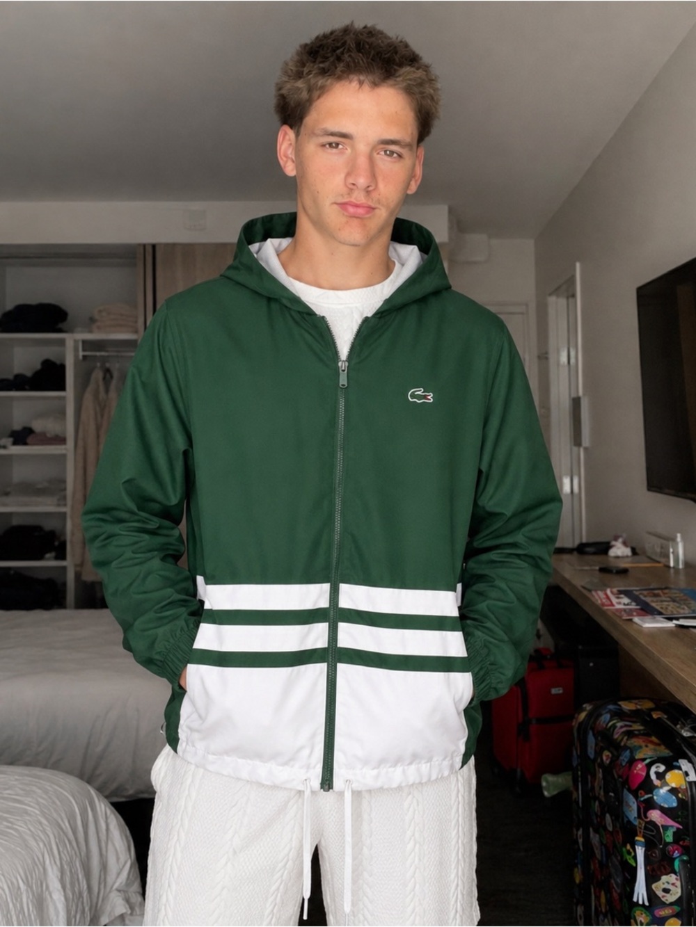 Lacoste Men’s Sport Colorblock Jacket – Green/White – Size Large